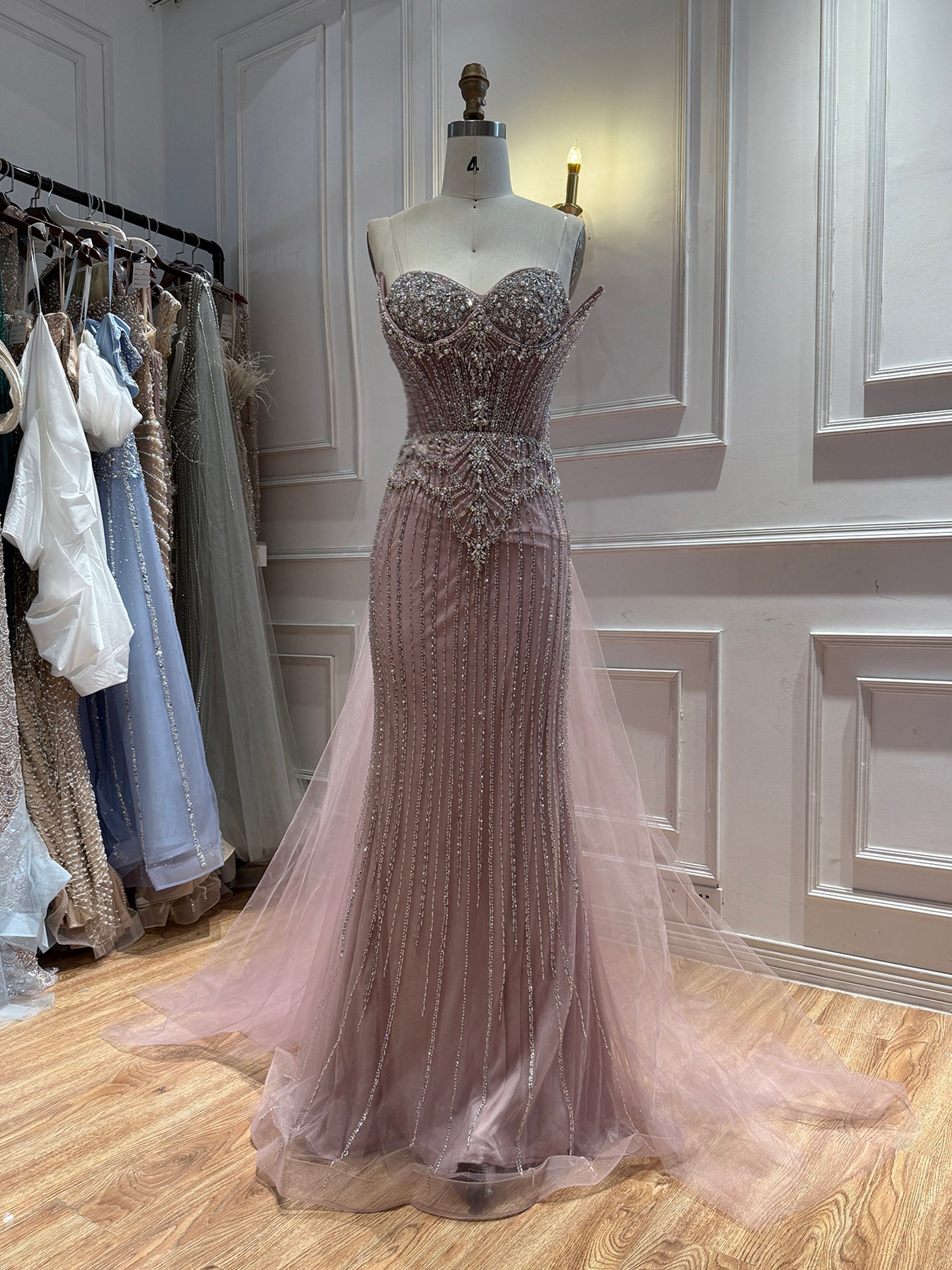 Luxury Nude Crystal Beaded Mermaid Dress With Overskirt LA73891 SERENE HILL