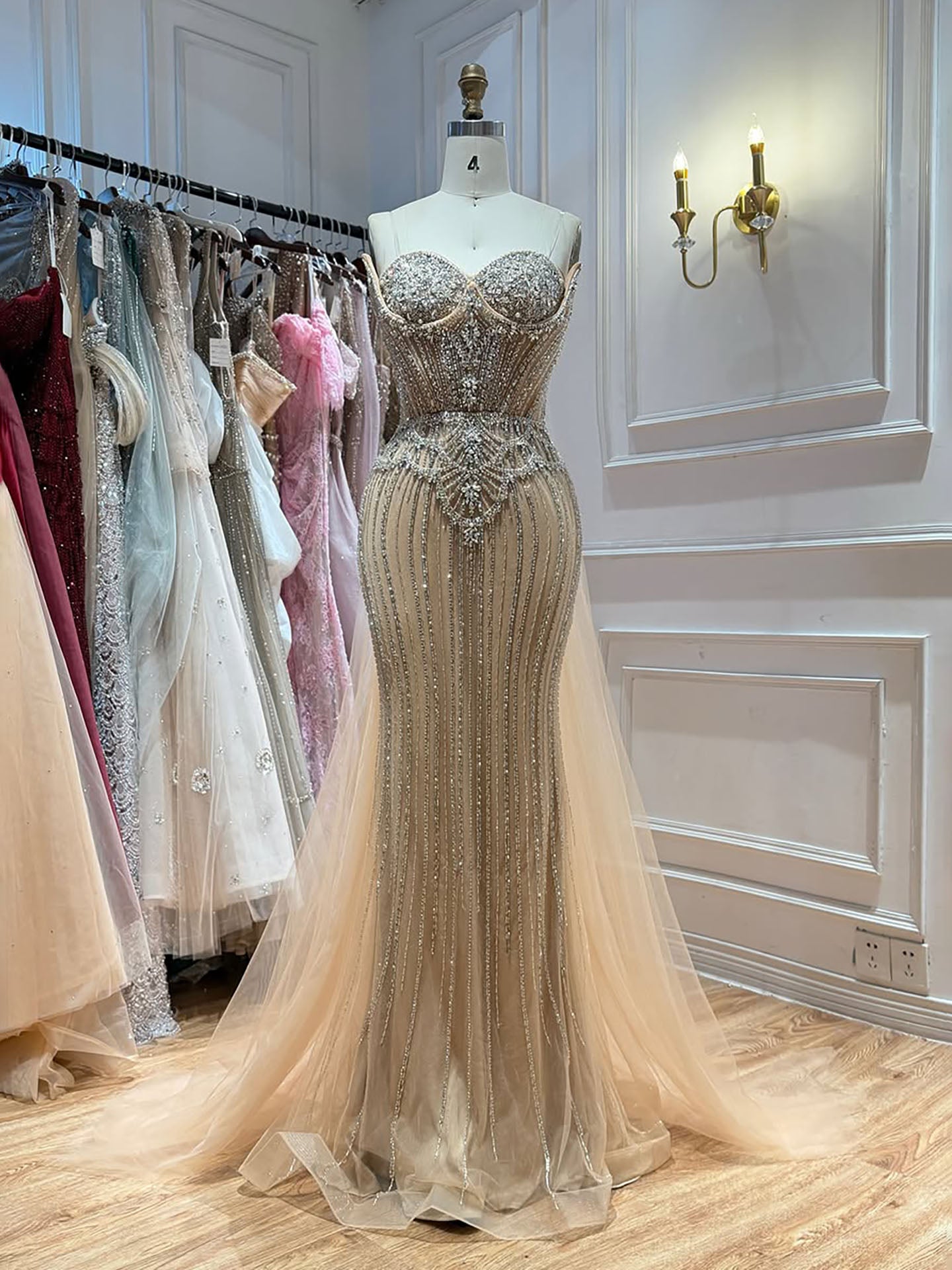 Luxury Nude Crystal Beaded Mermaid Dress With Overskirt LA73891 SERENE HILL