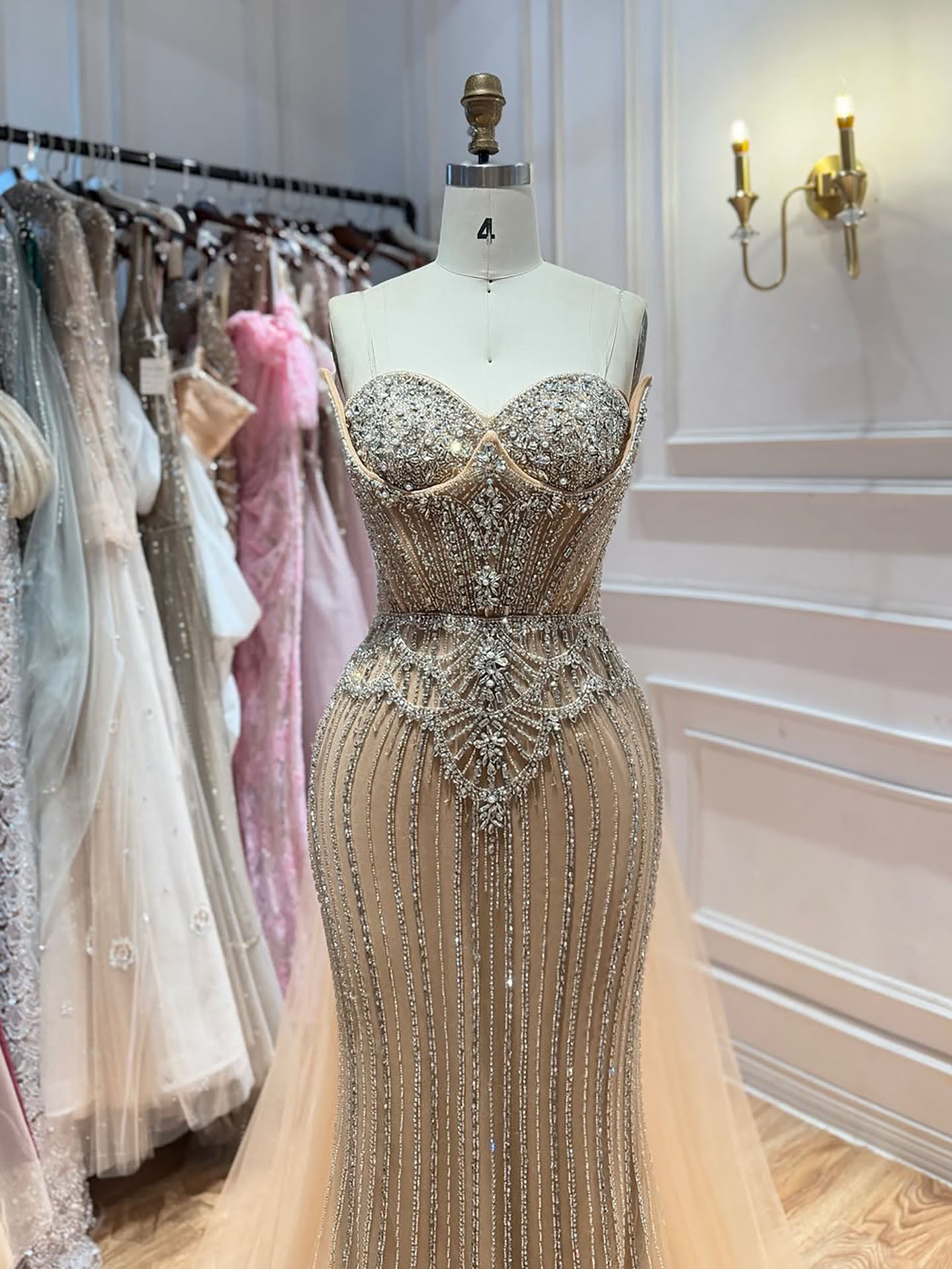 Luxury Nude Crystal Beaded Mermaid Dress With Overskirt LA73891 SERENE HILL