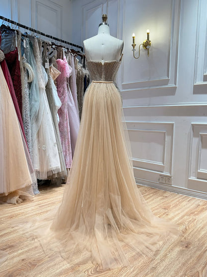 Luxury Nude Crystal Beaded Mermaid Dress With Overskirt LA73891 SERENE HILL