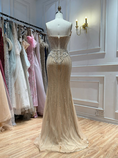 Luxury Nude Crystal Beaded Mermaid Dress With Overskirt LA73891 SERENE HILL