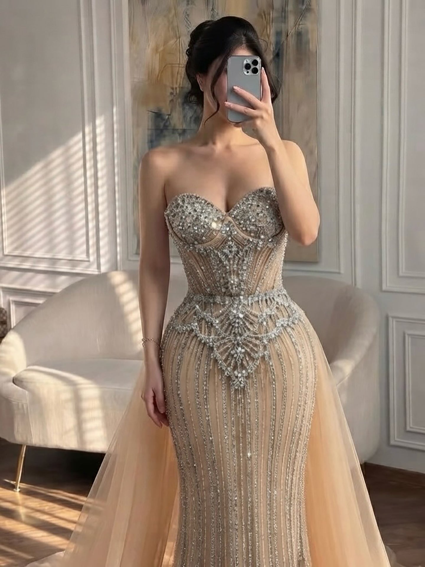 Luxury Nude Crystal Beaded Mermaid Dress With Overskirt LA73891 SERENE HILL