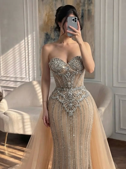 Luxury Nude Crystal Beaded Mermaid Dress With Overskirt LA73891 SERENE HILL