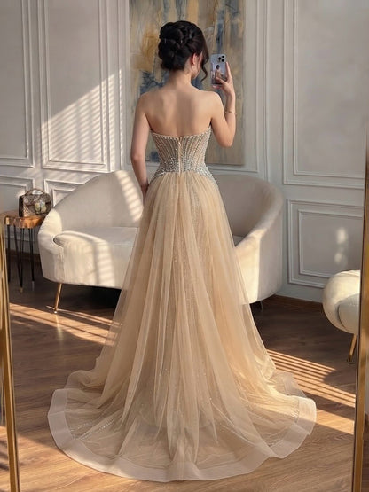 Luxury Nude Crystal Beaded Mermaid Dress With Overskirt LA73891 SERENE HILL