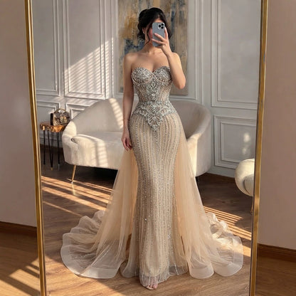 Luxury Nude Crystal Beaded Mermaid Dress With Overskirt LA73891 SERENE HILL