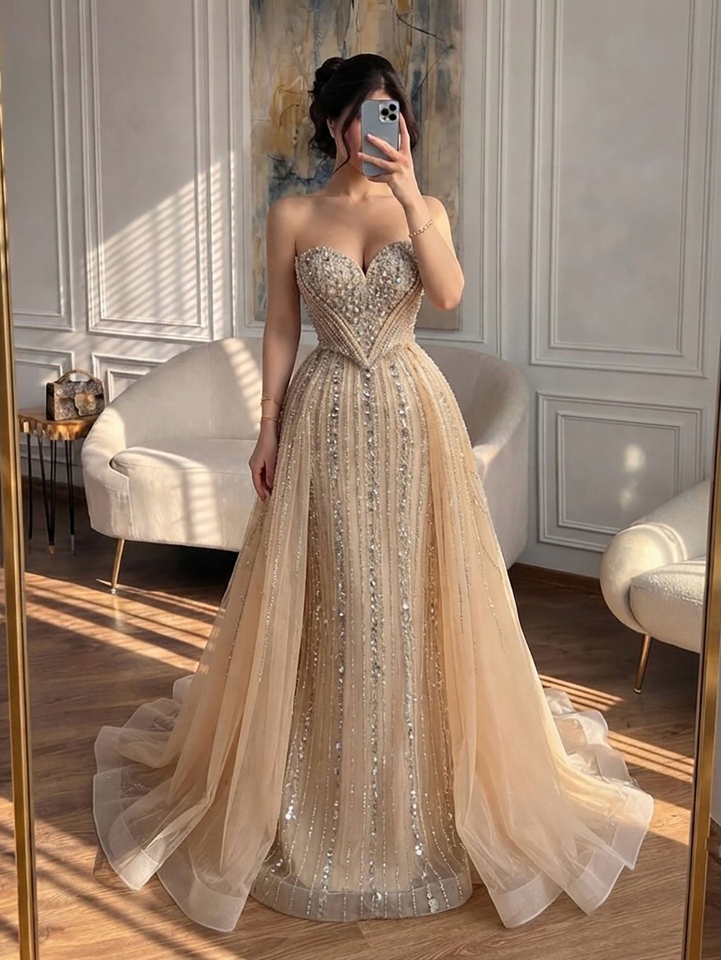 Luxury Nude Gold Crystals Beaded Mermaid Evening Dress LA73892 SERENE HILL