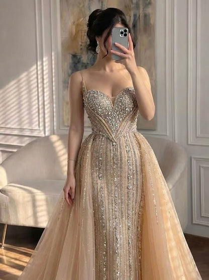 Luxury Nude Gold Crystals Beaded Mermaid Evening Dress LA73892 SERENE HILL
