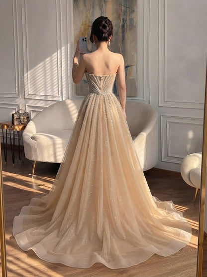 Luxury Nude Gold Crystals Beaded Mermaid Evening Dress LA73892 SERENE HILL