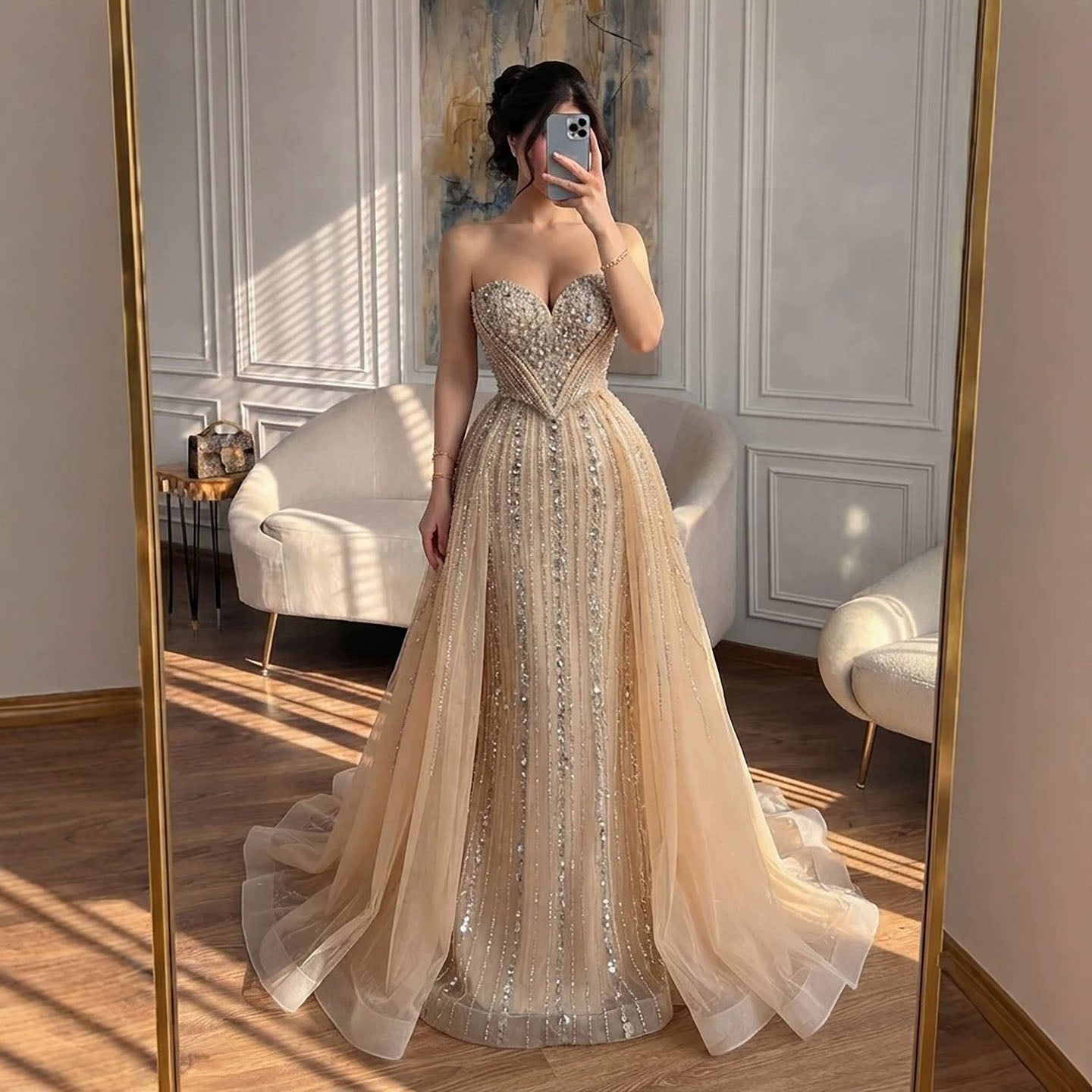 Luxury Nude Gold Crystals Beaded Mermaid Evening Dress LA73892 SERENE HILL