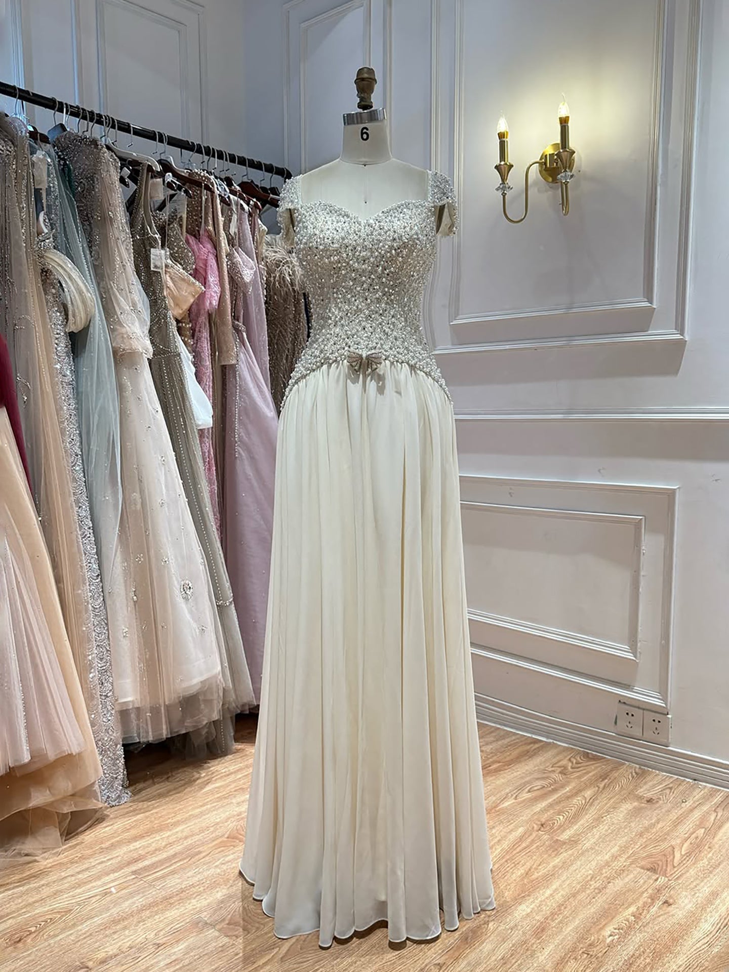 Luxury Beige Pearls Beaded Cap Sleeves A-Line Evening Dress LA73893 SERENE HILL