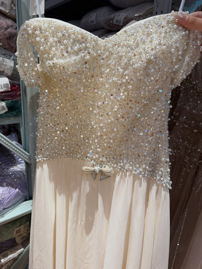 Luxury Beige Pearls Beaded Cap Sleeves A-Line Evening Dress LA73893 SERENE HILL
