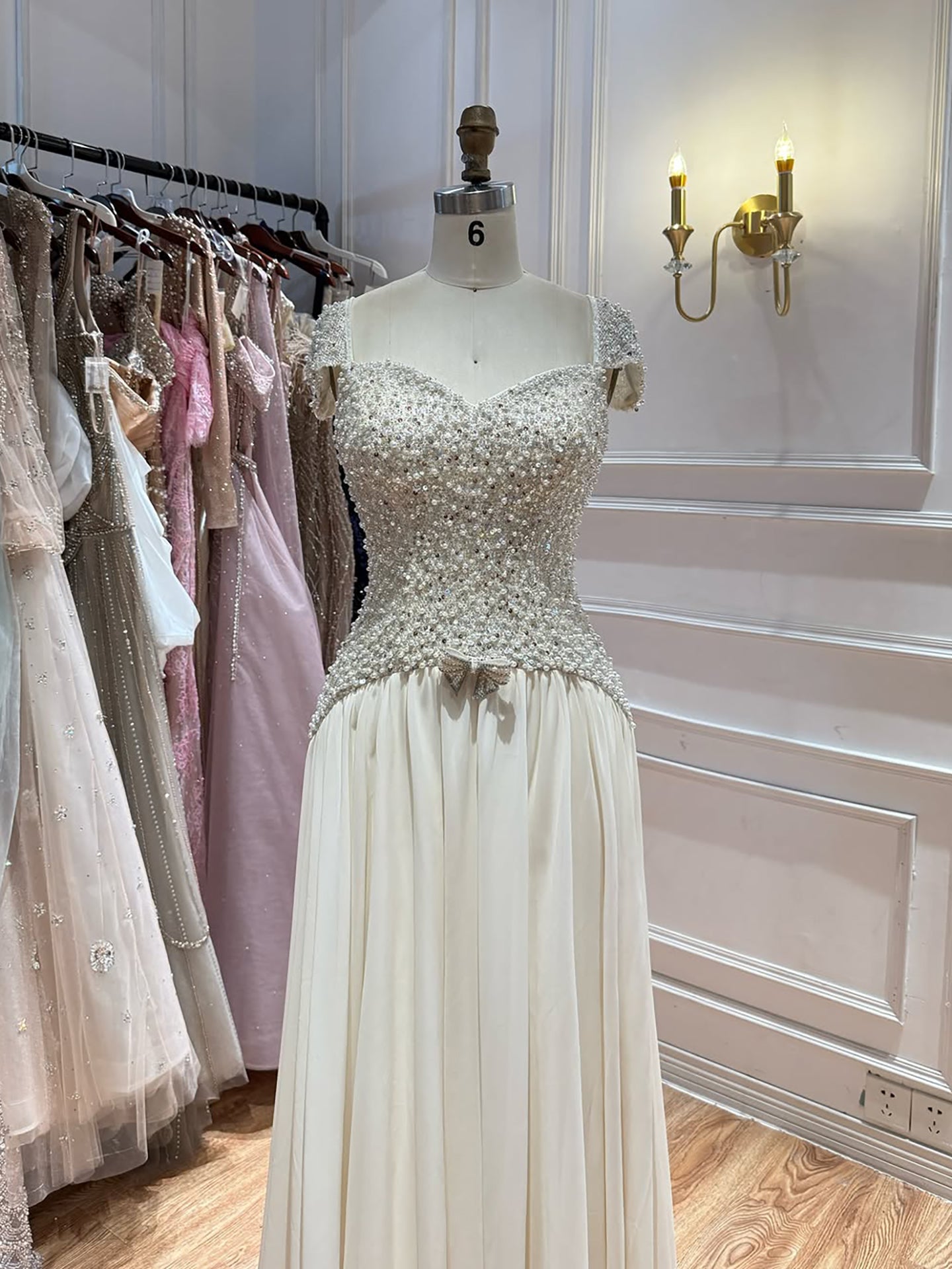 Luxury Beige Pearls Beaded Cap Sleeves A-Line Evening Dress LA73893 SERENE HILL