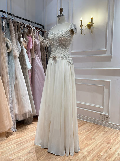Luxury Beige Pearls Beaded Cap Sleeves A-Line Evening Dress LA73893 SERENE HILL