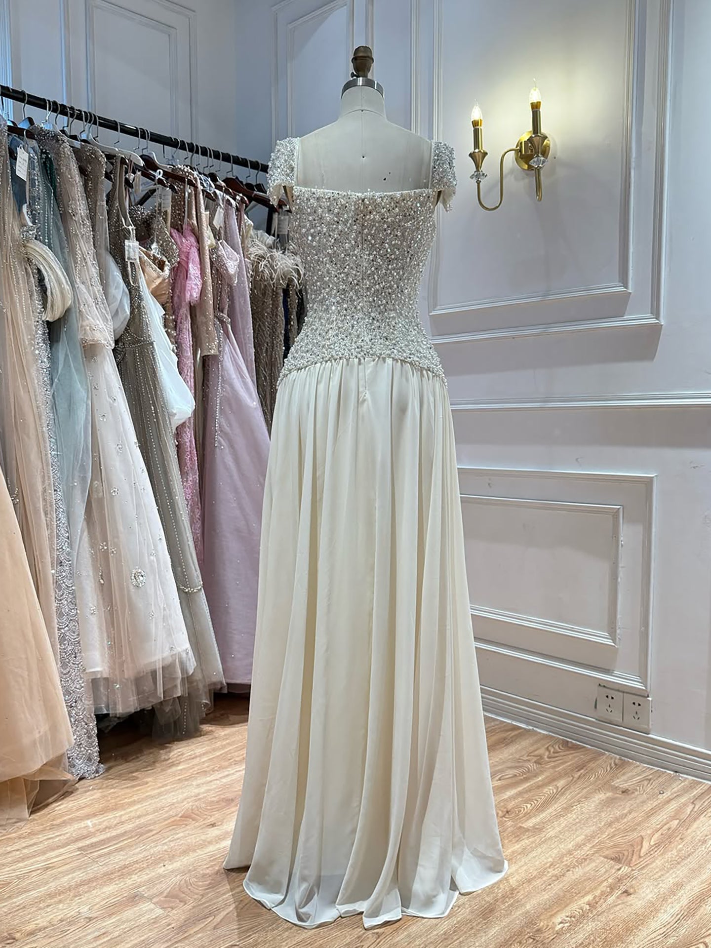 Luxury Beige Pearls Beaded Cap Sleeves A-Line Evening Dress LA73893 SERENE HILL