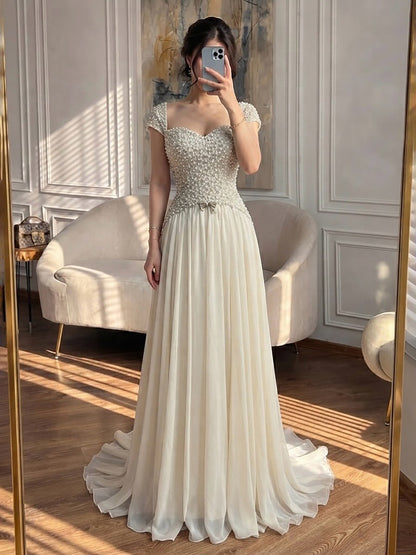 Luxury Beige Pearls Beaded Cap Sleeves A-Line Evening Dress LA73893 SERENE HILL