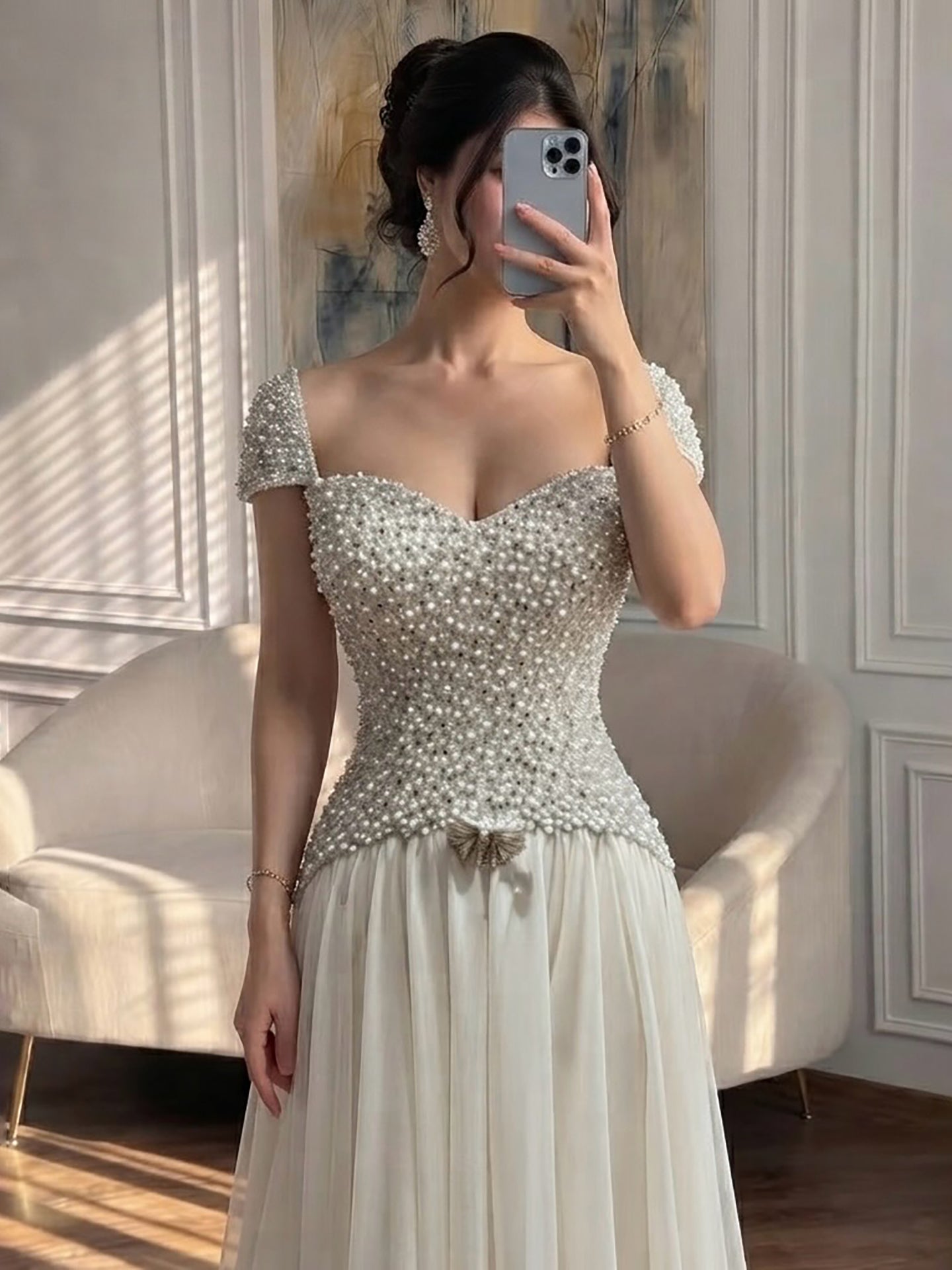 Luxury Beige Pearls Beaded Cap Sleeves A-Line Evening Dress LA73893 SERENE HILL