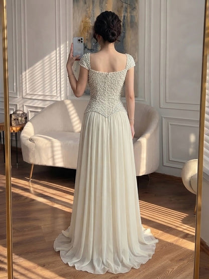 Luxury Beige Pearls Beaded Cap Sleeves A-Line Evening Dress LA73893 SERENE HILL