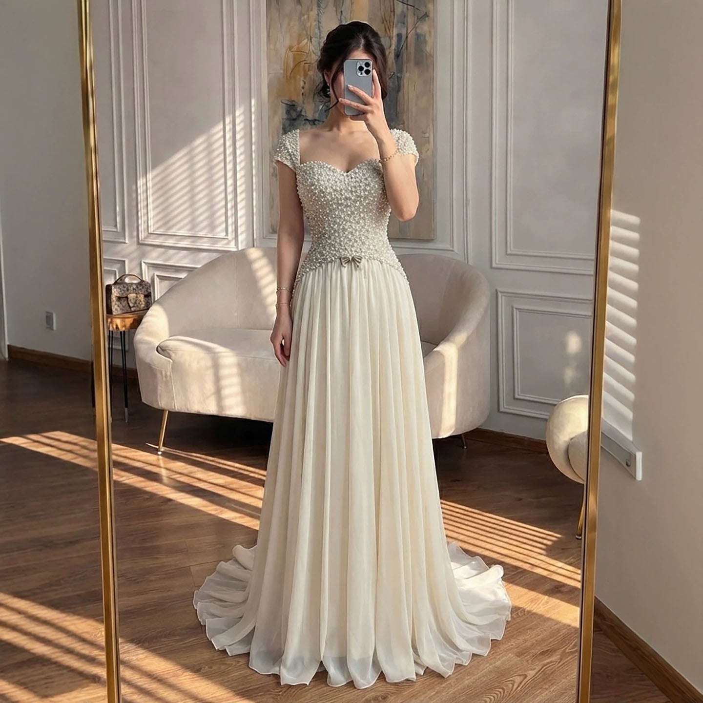 Luxury Beige Pearls Beaded Cap Sleeves A-Line Evening Dress LA73893 SERENE HILL