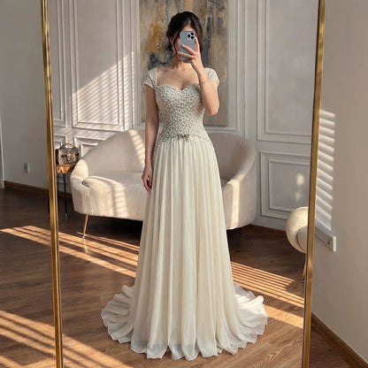 Luxury Beige Pearls Beaded Cap Sleeves A-Line Evening Dress LA73893 SERENE HILL