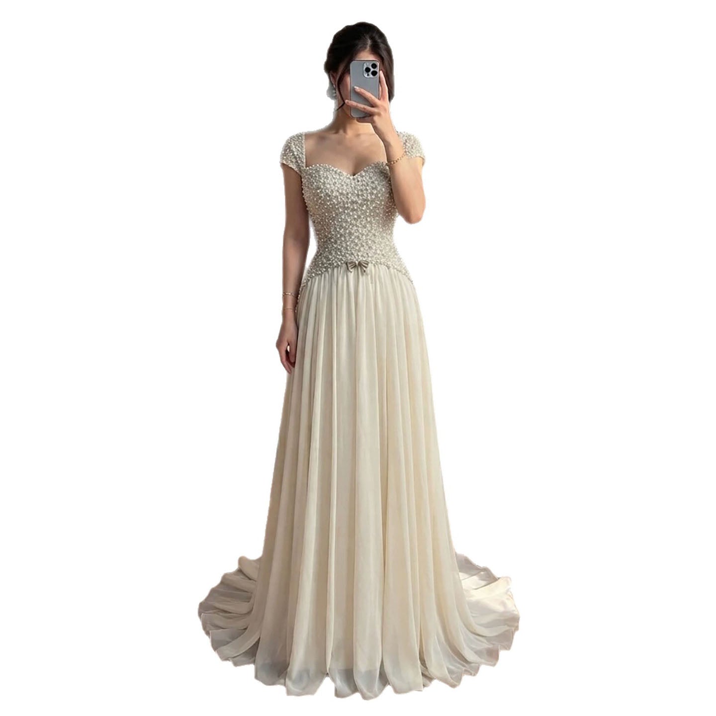 Luxury Beige Pearls Beaded Cap Sleeves A-Line Evening Dress LA73893 SERENE HILL