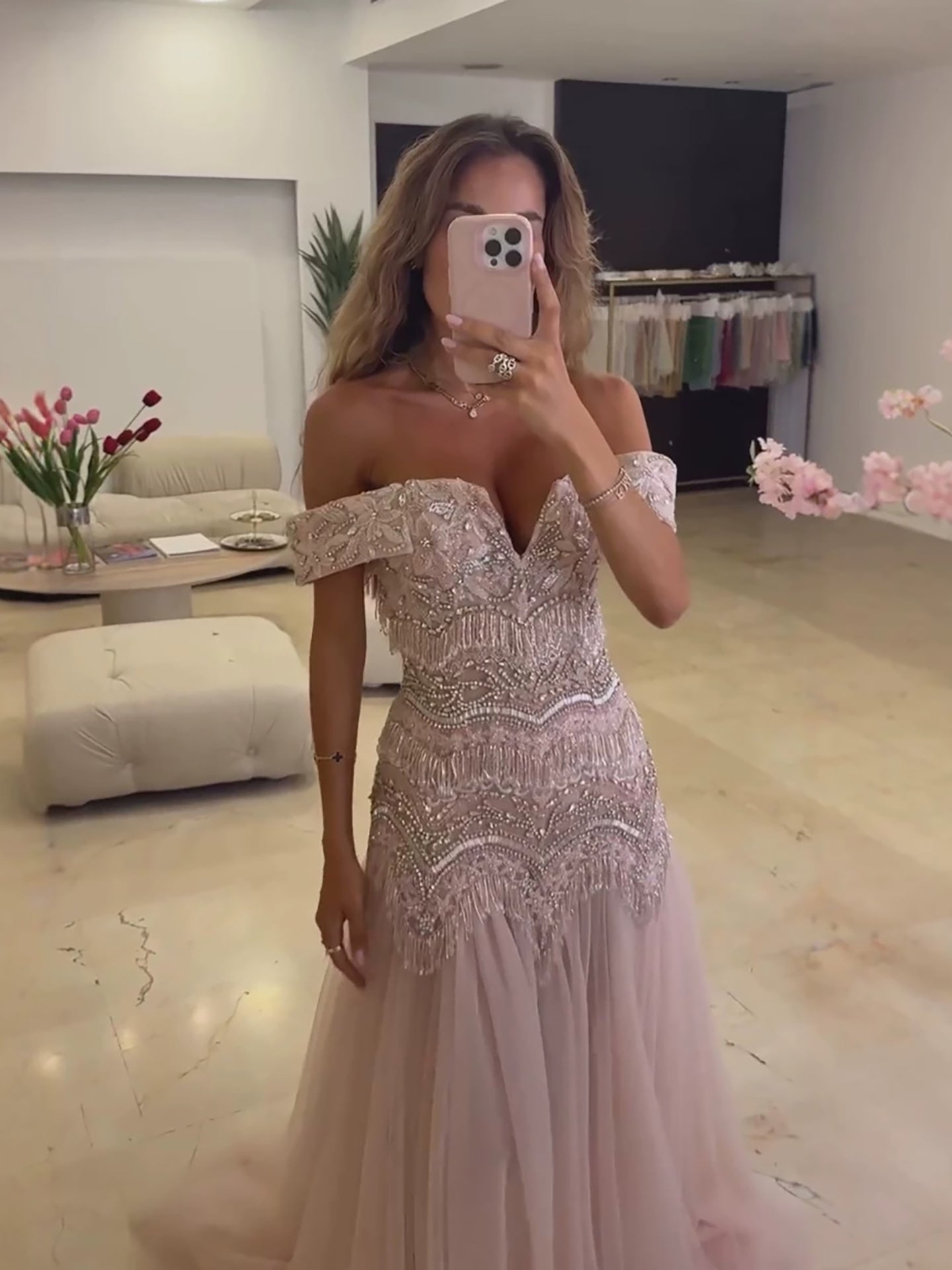Luxury Pink Off the Shoulder Beaded Tassel A Line Evening Dress LA73894 SERENE HILL