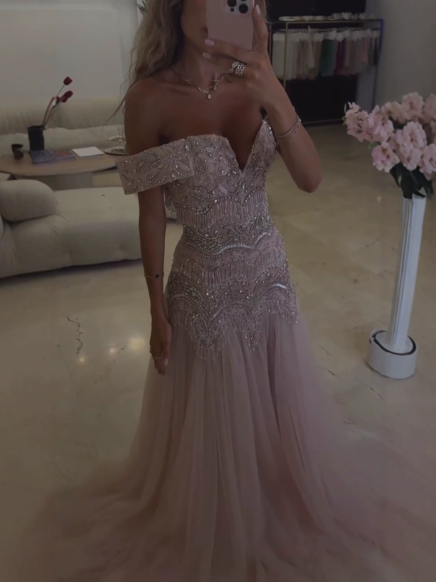 Luxury Pink Off the Shoulder Beaded Tassel A Line Evening Dress LA73894 SERENE HILL