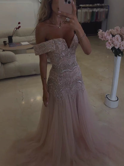 Luxury Pink Off the Shoulder Beaded Tassel A Line Evening Dress LA73894 SERENE HILL