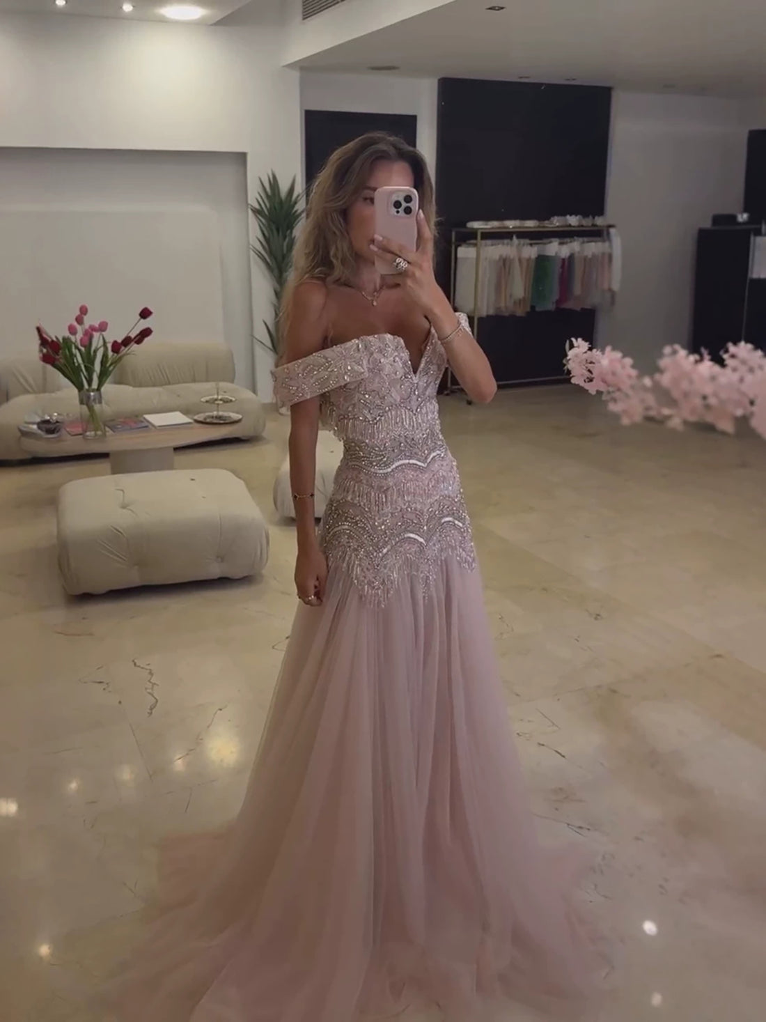 Luxury Pink Off the Shoulder Beaded Tassel A Line Evening Dress LA73894 SERENE HILL