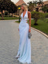 Luxury Light Blue Halter Cut Out Crystal Mermaid Evening Dress LA73895 SERENE HILL