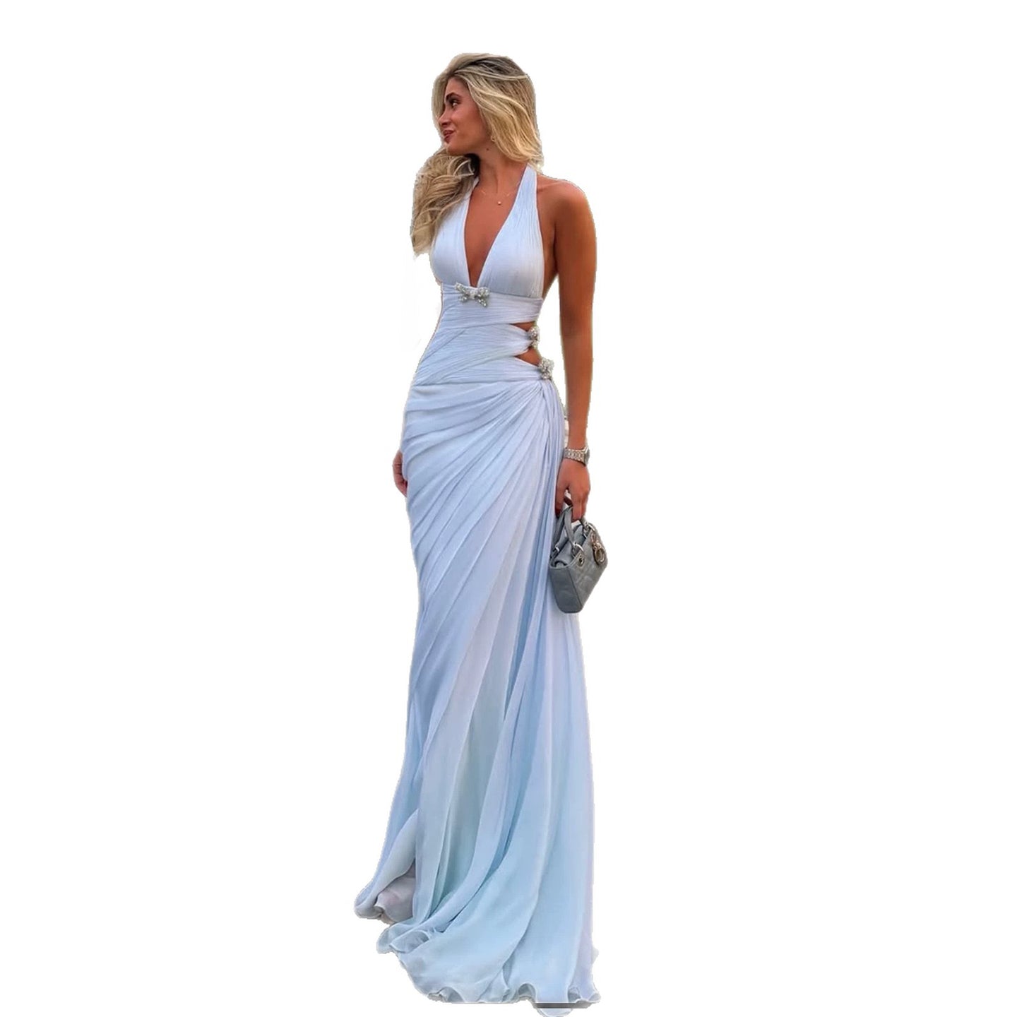 Luxury Light Blue Halter Cut Out Crystal Mermaid Evening Dress LA73895 SERENE HILL
