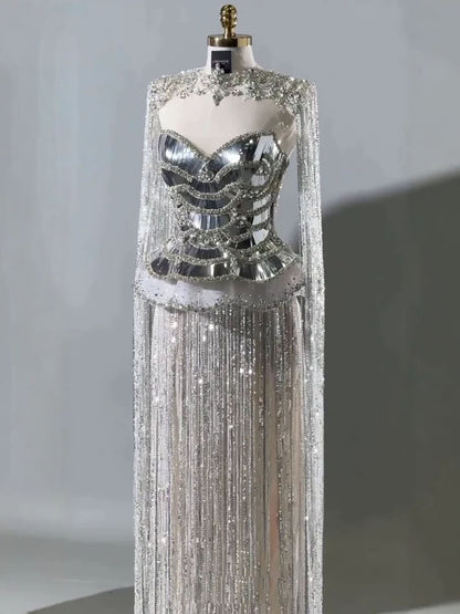 Luxury Silver High Neck Beaded Tassel Cape Evening Dress LA73896 SERENE HILL