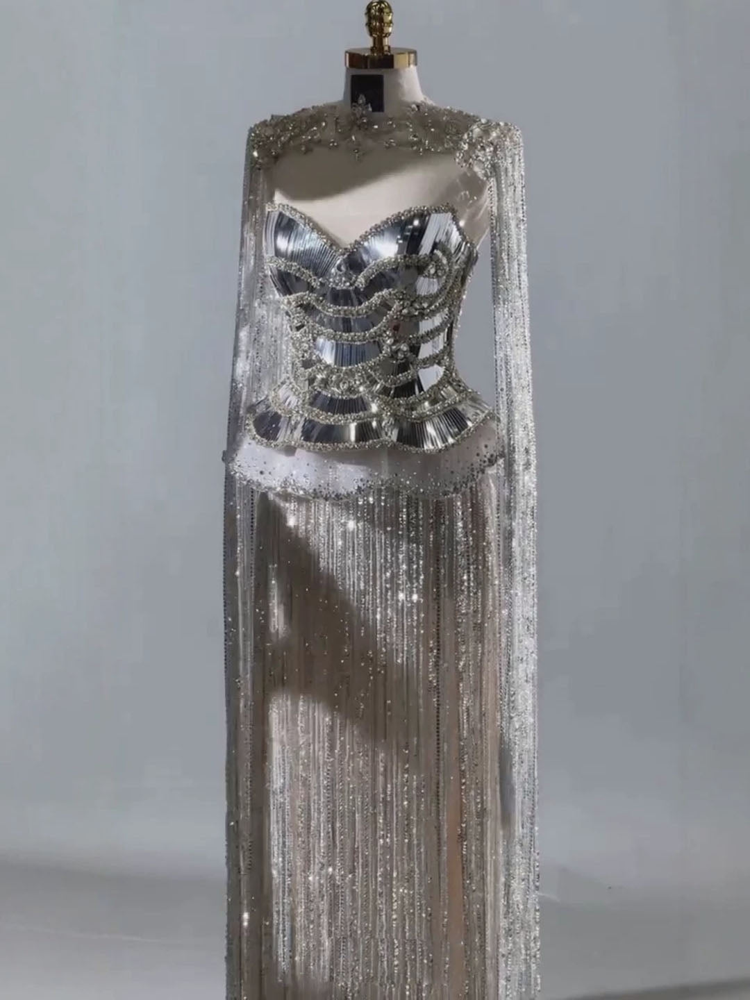 Luxury Silver High Neck Beaded Tassel Cape Evening Dress LA73896 SERENE HILL