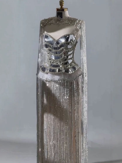 Luxury Silver High Neck Beaded Tassel Cape Evening Dress LA73896 SERENE HILL
