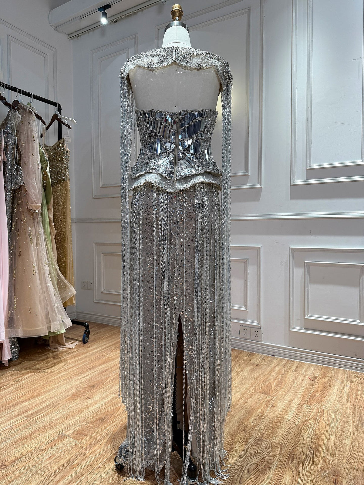 Luxury Silver High Neck Beaded Tassel Cape Evening Dress LA73896