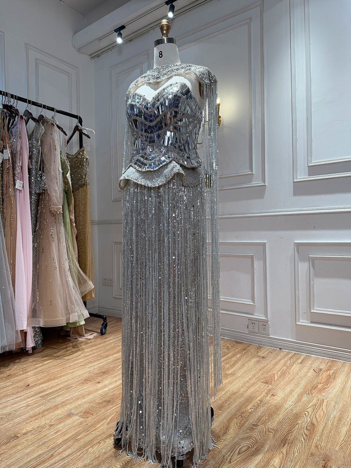 Luxury Silver High Neck Beaded Tassel Cape Evening Dress LA73896