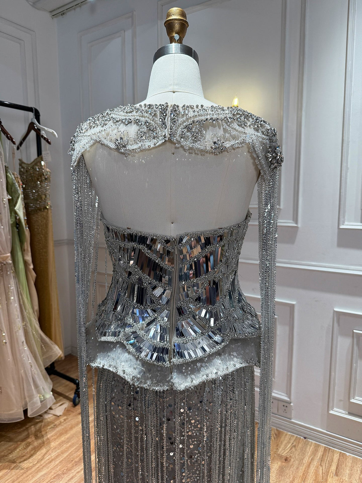 Luxury Silver High Neck Beaded Tassel Cape Evening Dress LA73896