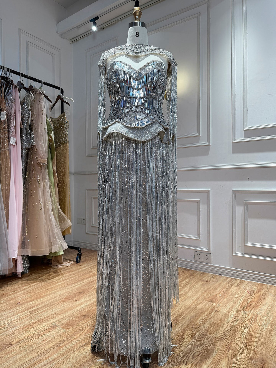 Luxury Silver High Neck Beaded Tassel Cape Evening Dress LA73896