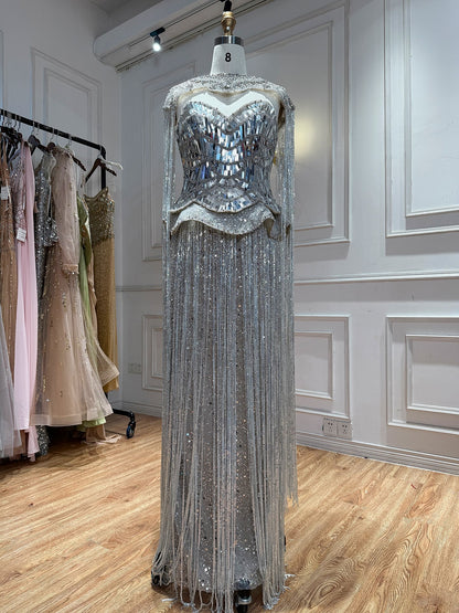 Luxury Silver High Neck Beaded Tassel Cape Evening Dress LA73896