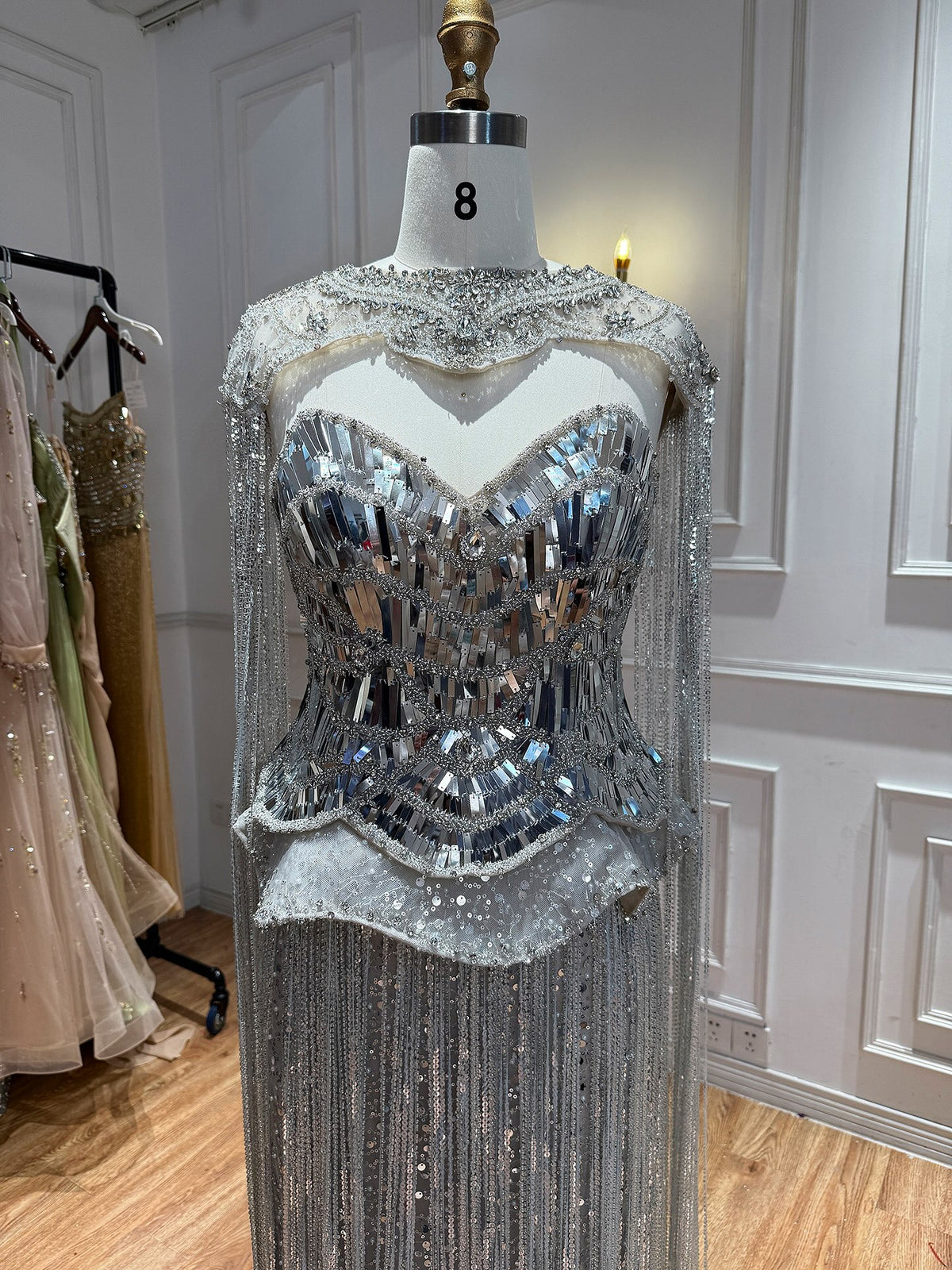 Luxury Silver High Neck Beaded Tassel Cape Evening Dress LA73896