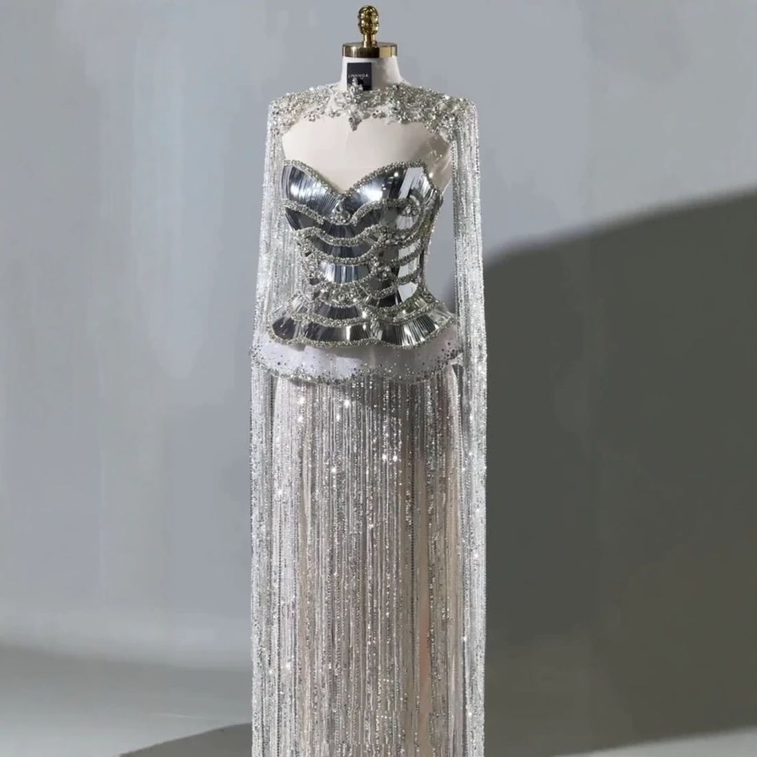 Luxury Silver High Neck Beaded Tassel Cape Evening Dress LA73896 SERENE HILL