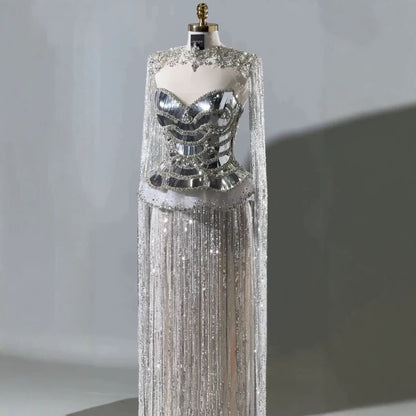 Luxury Silver High Neck Beaded Tassel Cape Evening Dress LA73896 SERENE HILL