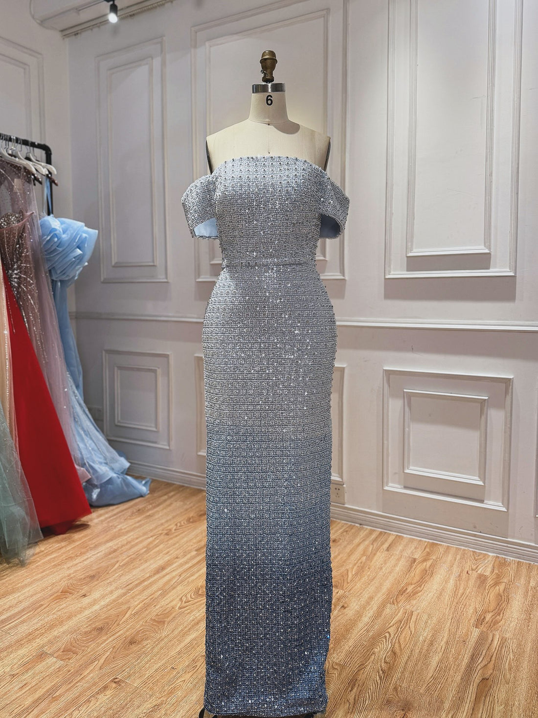 Luxury Blue Off Shoulder Sequined Beaded Mermaid Dress LA73897