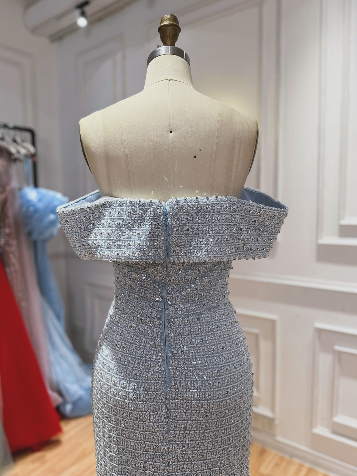 Luxury Blue Off Shoulder Sequined Beaded Mermaid Dress LA73897