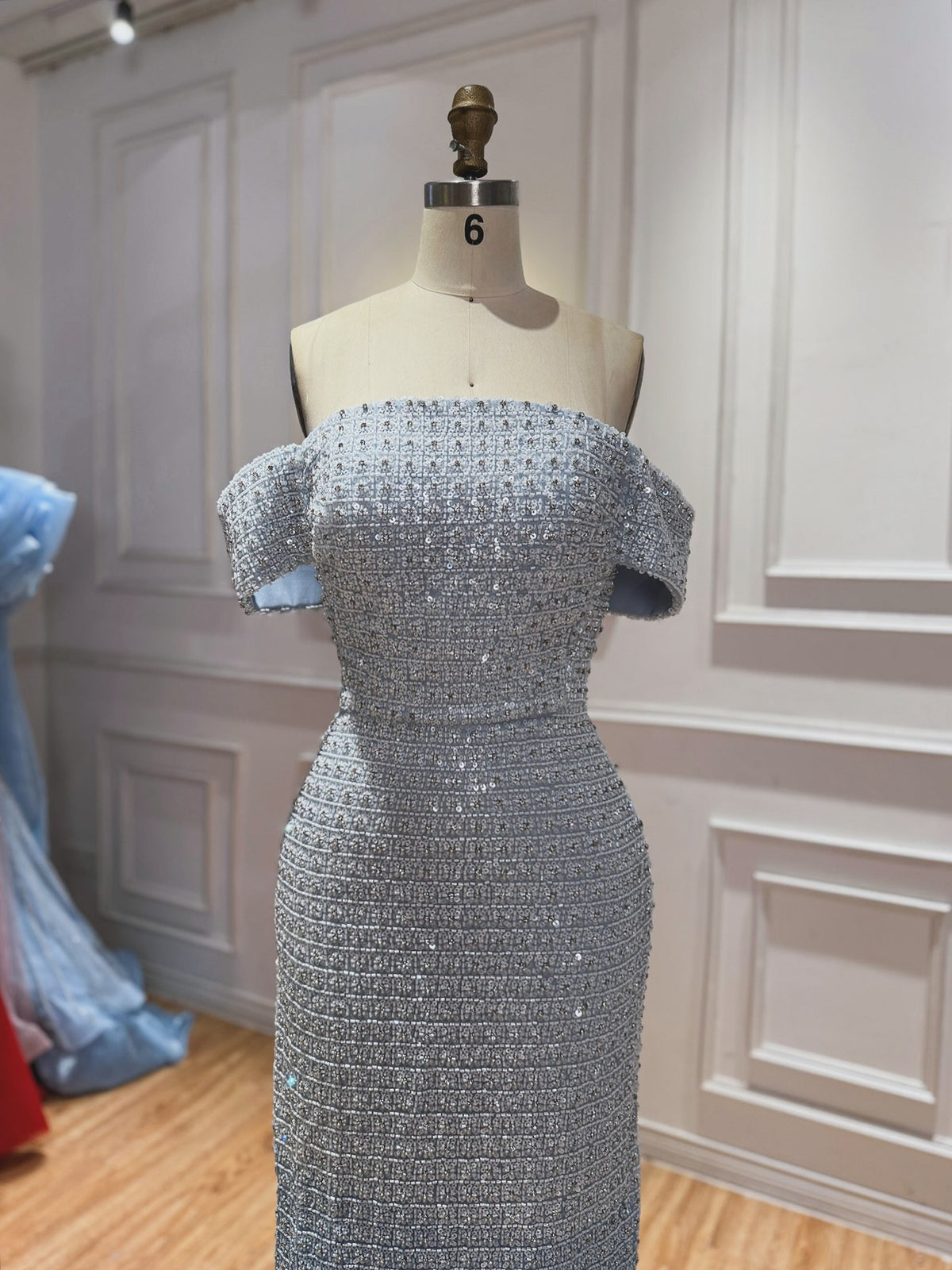 Luxury Blue Off Shoulder Sequined Beaded Mermaid Dress LA73897