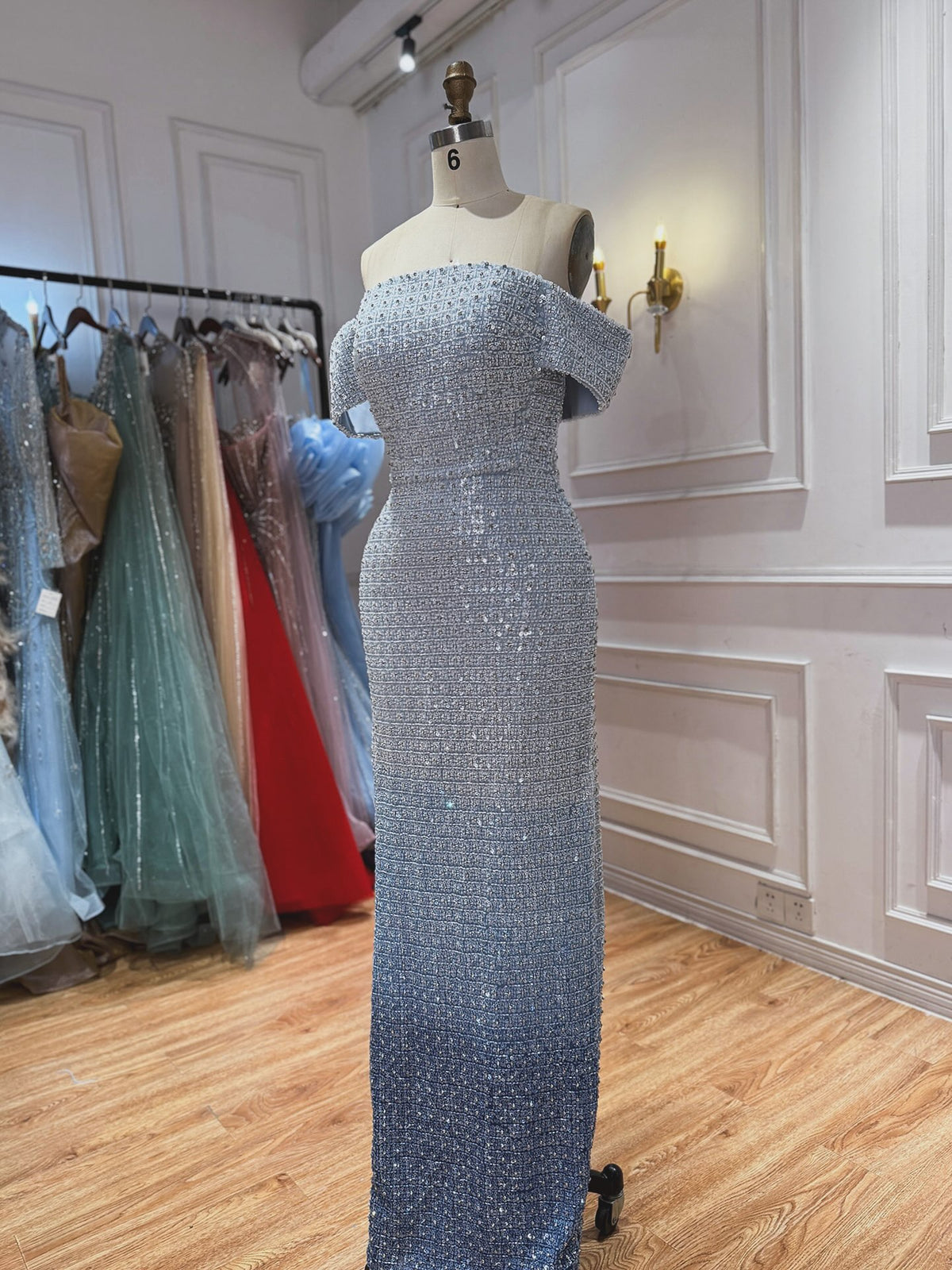 Luxury Blue Off Shoulder Sequined Beaded Mermaid Dress LA73897