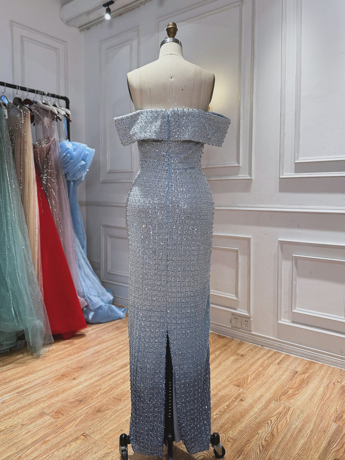 Luxury Blue Off Shoulder Sequined Beaded Mermaid Dress LA73897