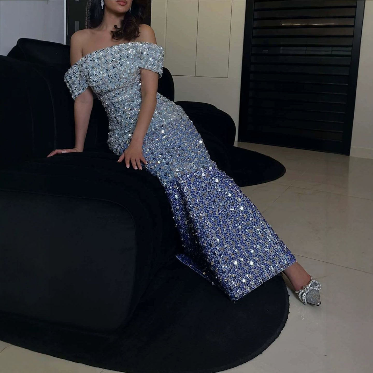 Luxury Ombre Blue Off Shoulder Sequined Beaded Mermaid Dress LA73897 SERENE HILL