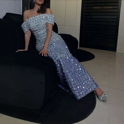 Luxury Ombre Blue Off Shoulder Sequined Beaded Mermaid Dress LA73897 SERENE HILL