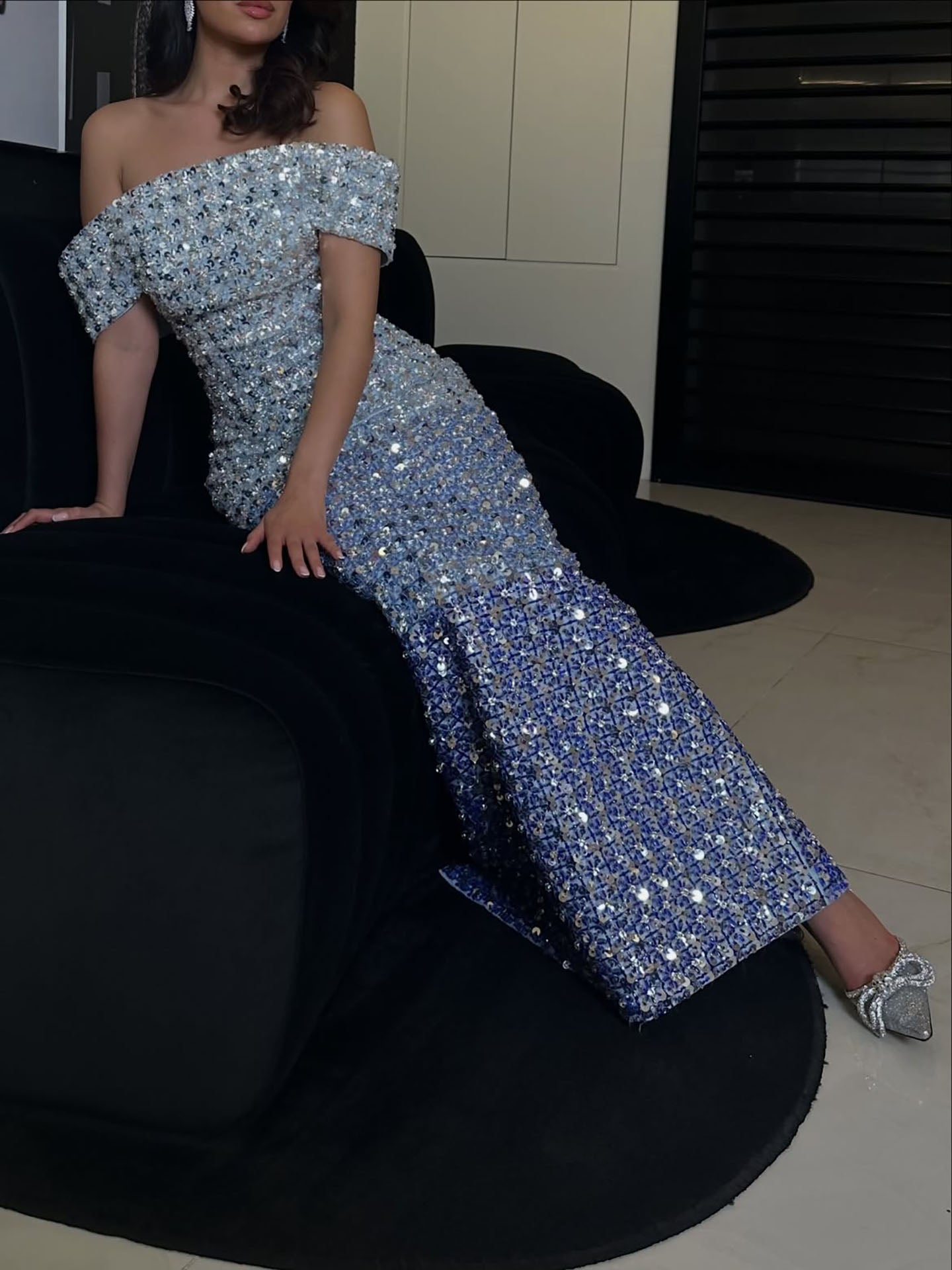 Luxury Ombre Blue Off Shoulder Sequined Beaded Mermaid Dress LA73897 SERENE HILL