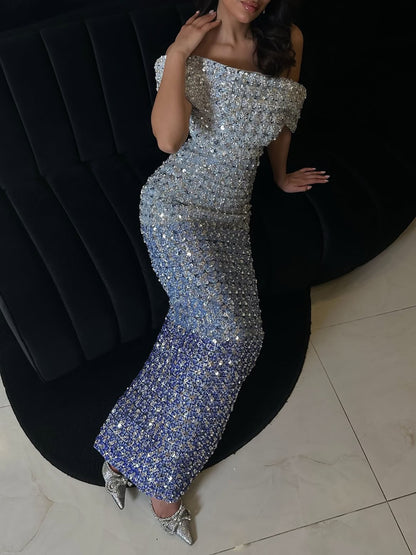 Luxury Ombre Blue Off Shoulder Sequined Beaded Mermaid Dress LA73897 SERENE HILL